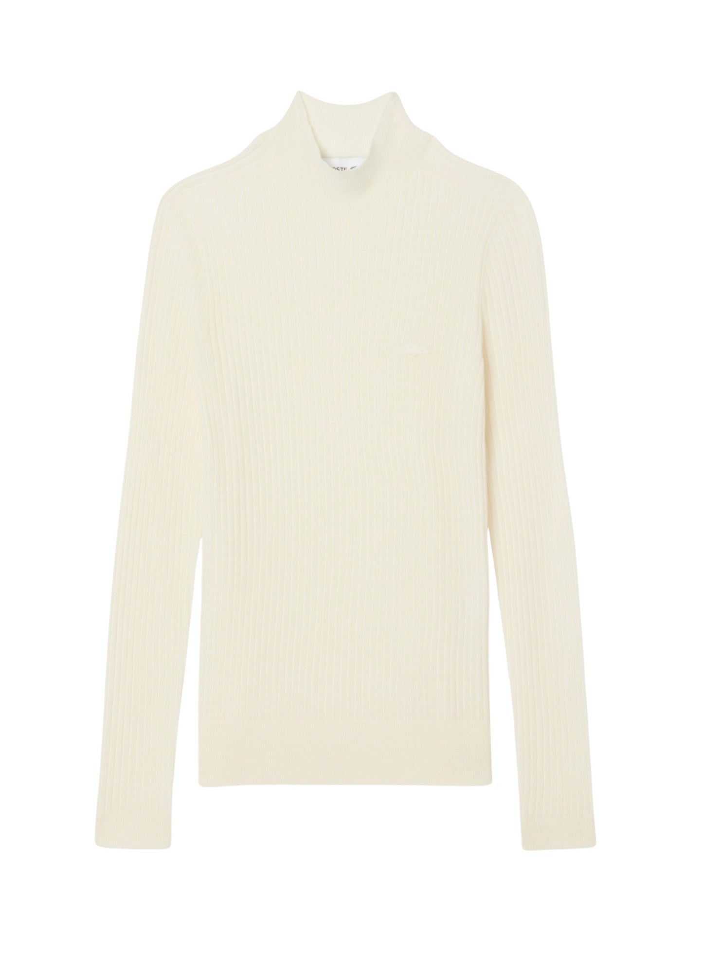 LACOSTE WOMEN High Neck Ribbed Knit Merino Wool Sweater White