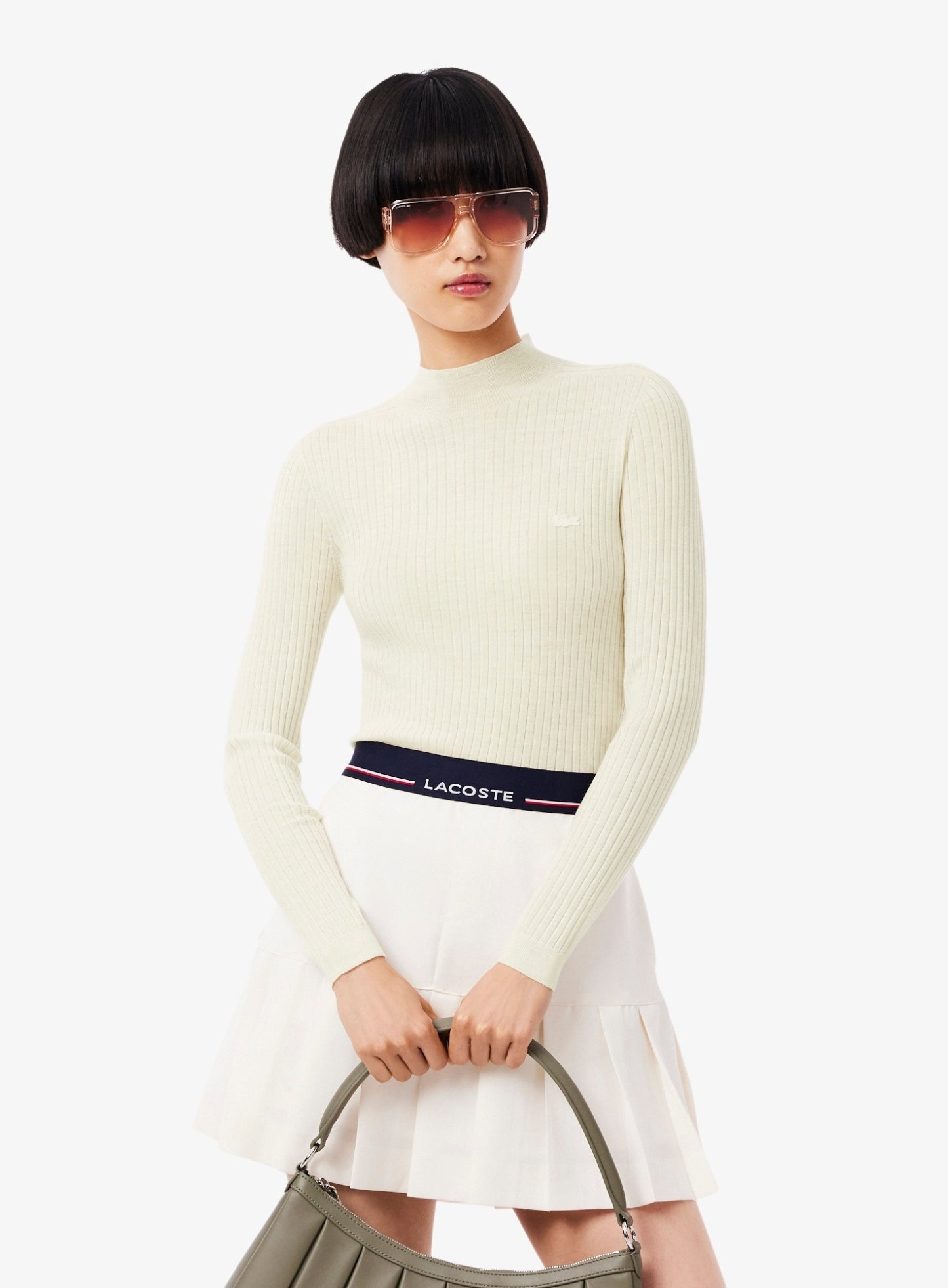 LACOSTE WOMEN High Neck Ribbed Knit Merino Wool Sweater White