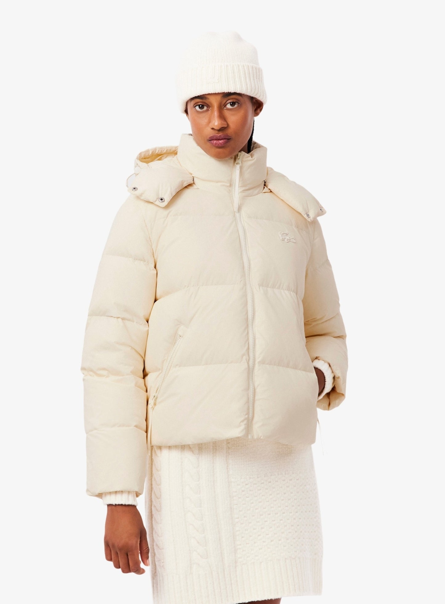 LACOSTE WOMEN Relaxed Fit Hooded Down Jacket Ecru White