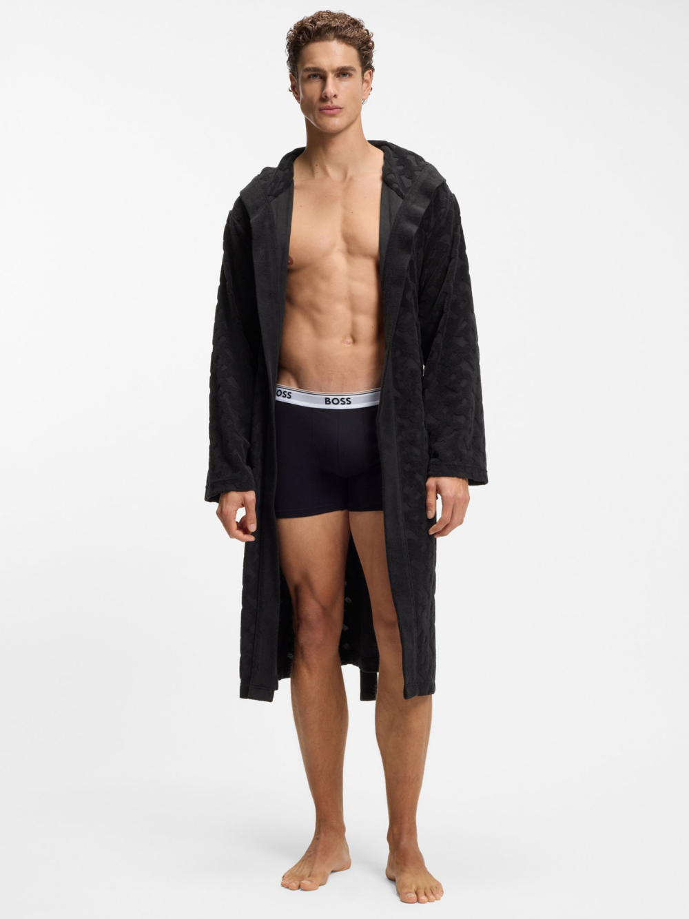 BOSS Monogram-Pattern Dressing Gown In Cotton-Blend Terry Black –