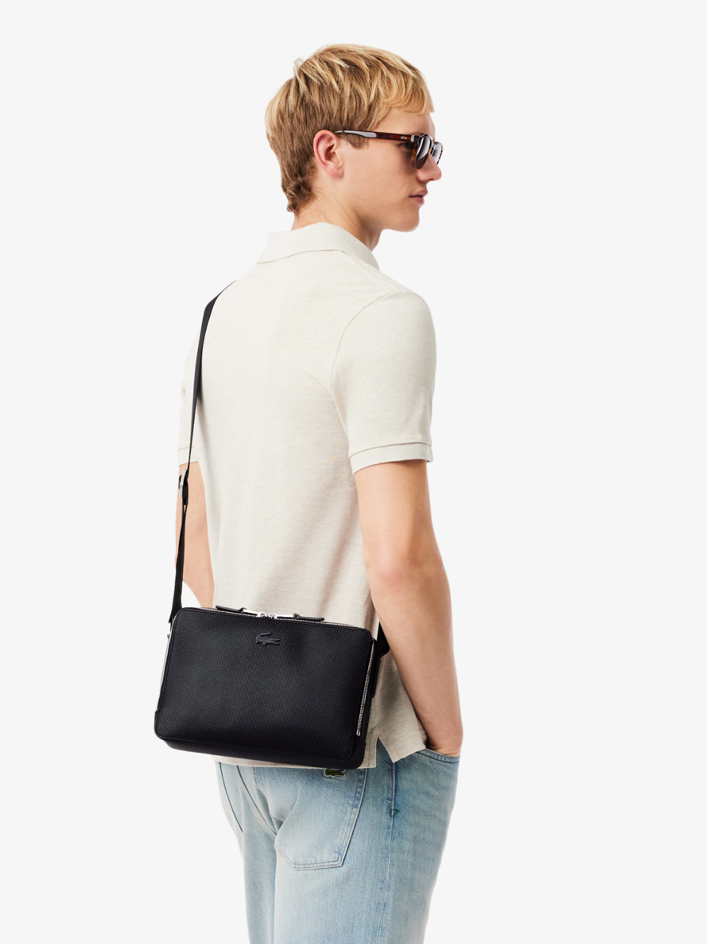 LACOSTE Chantaco Piqué Leather Reporter Bag Black