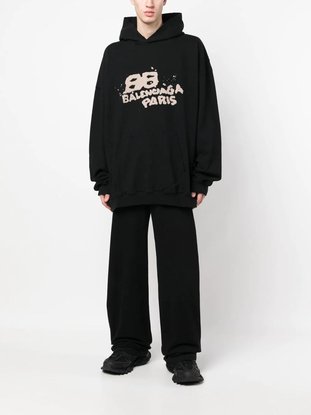 BALENCIAGA Hand Drawn BB Icon Hoodie Large Fit Black Ecru BALENCIAGA Hand Drawn BB Icon Hoodie Large Fit Black Ecru