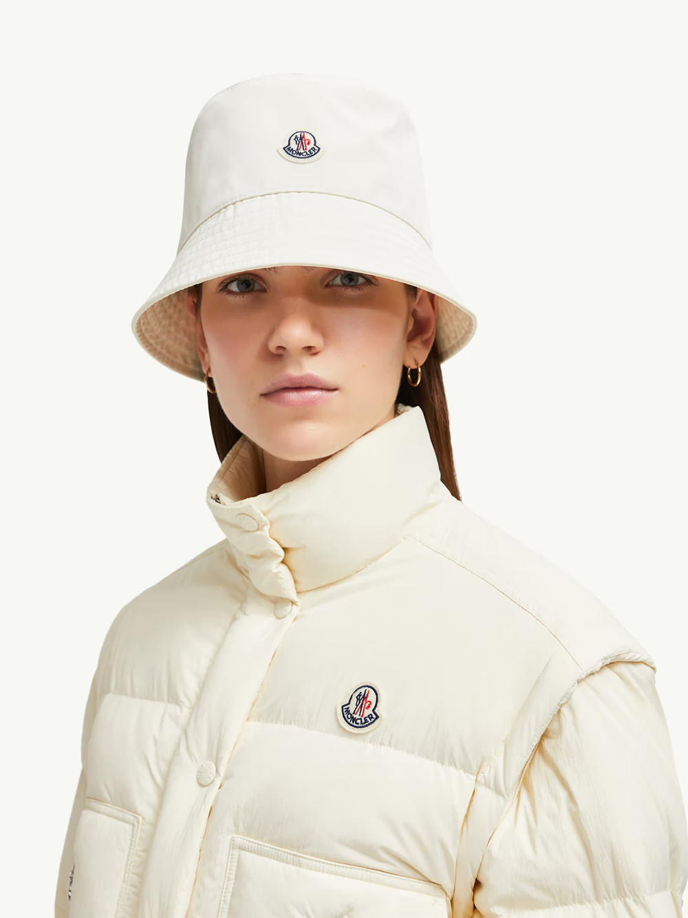MONCLER WOMEN Logo Embroidered Patch Bucket Hat White MONCLER WOMEN Logo Embroidered Patch Bucket Hat White