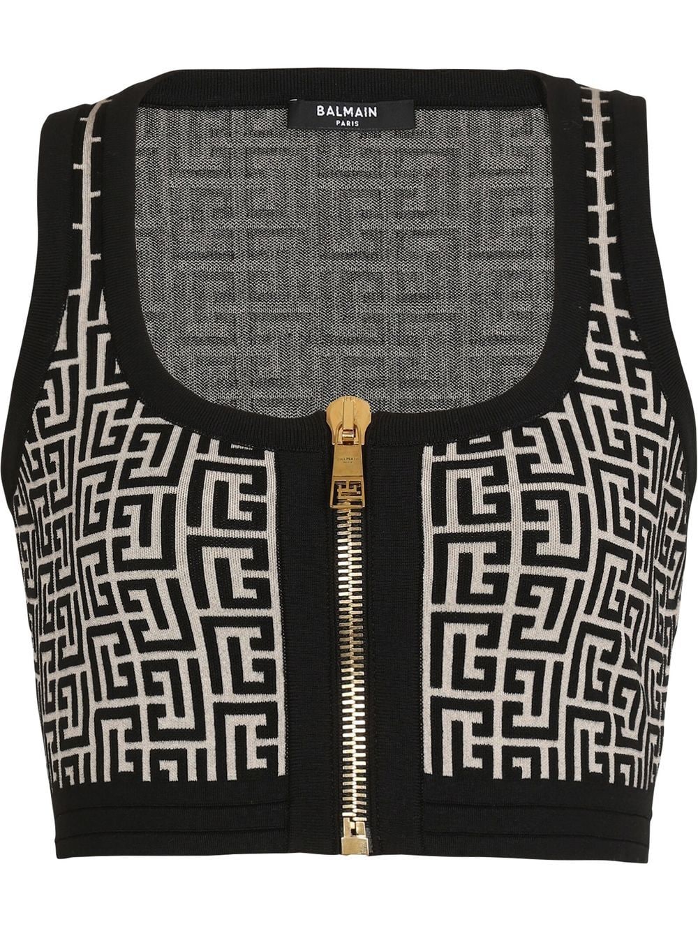 BALMAIN WOMEN Sleeveless Zipped Monogram Knit Crop Top Ivory Black
