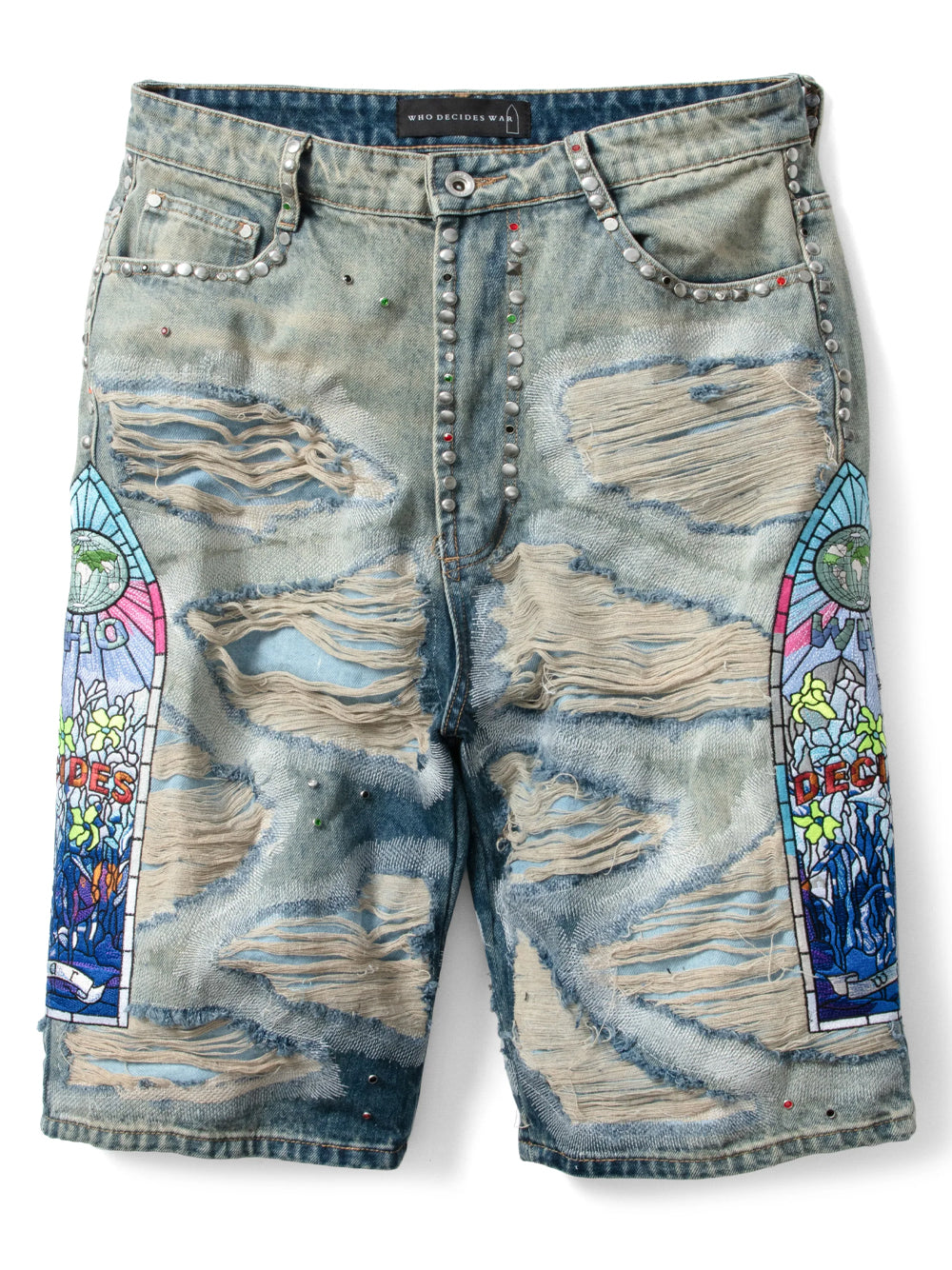 WHO DECIDES WAR デニムショートパンツ WHO DECIDES WAR Chrome Stud Embroidered Denim Shorts Blue
