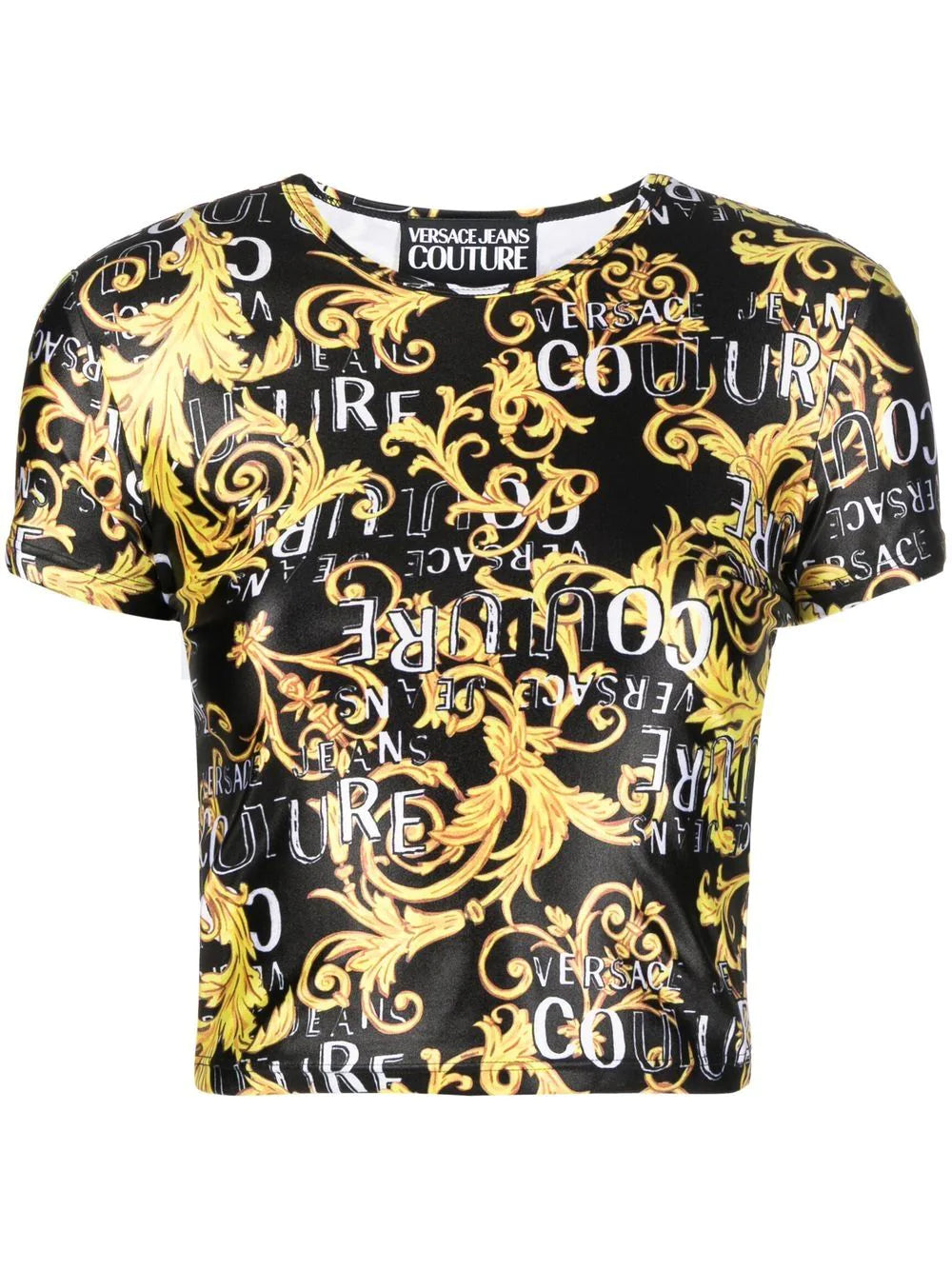 VERSACE WOMEN Baroque Print Cropped T-Shirt Black/Gold 