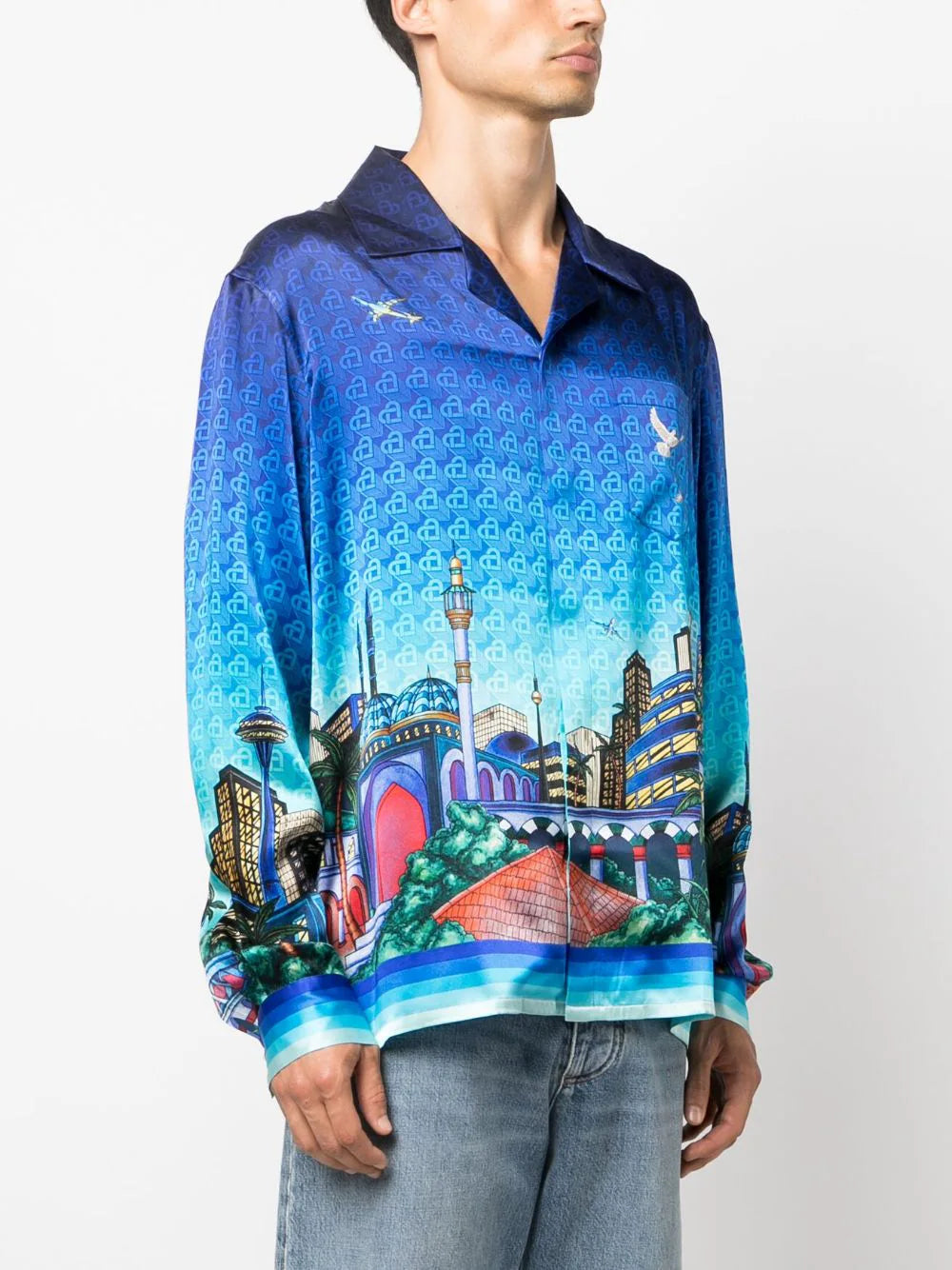 CASABLANCA UNISEX The Night View Cuban Collar Long Sleeve Silk