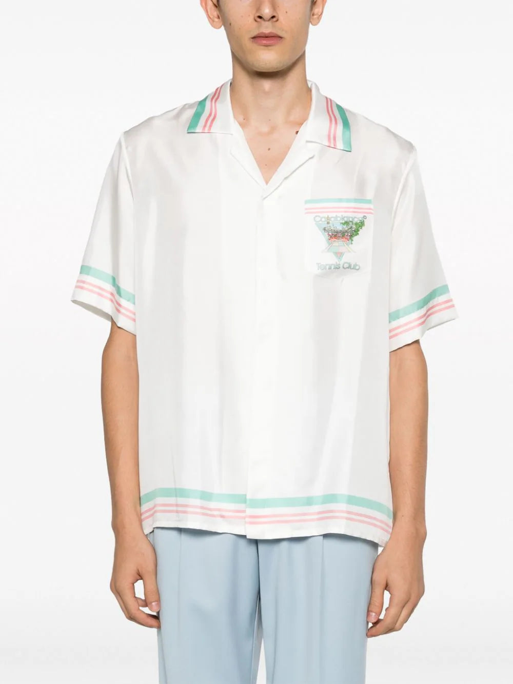 CASABLANCA Tennis Club Icon Cuban Collar Short Sleeve Silk Shirt