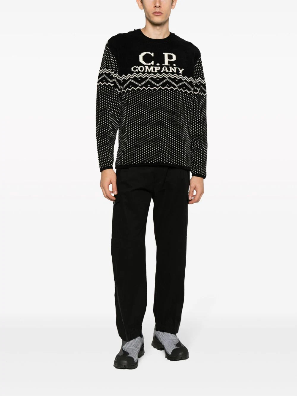 C.P. COMPANY Chenille Cotton Jacquard Knit Sweater Black/White
