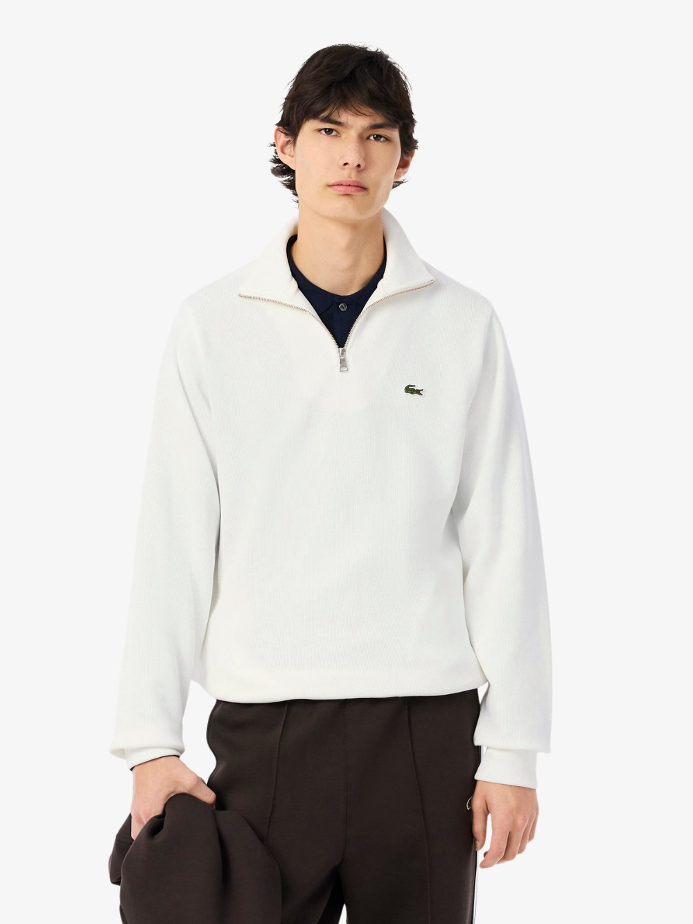 LACOSTE Zip-Up High Neck Interlock Sweatshirt White