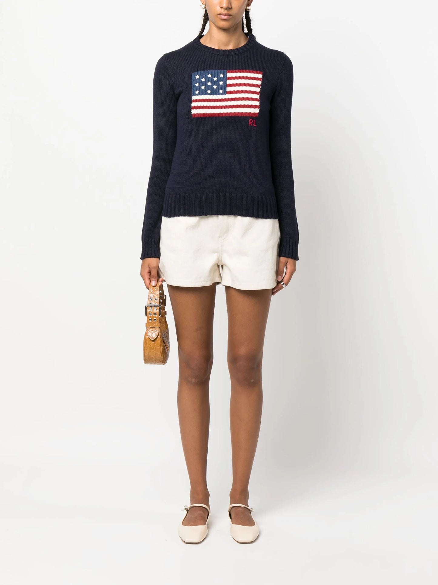 RALPH LAUREN WOMEN Flag Cotton Crewneck Jumper Navy Blue - MAISONDEFASHION.COM