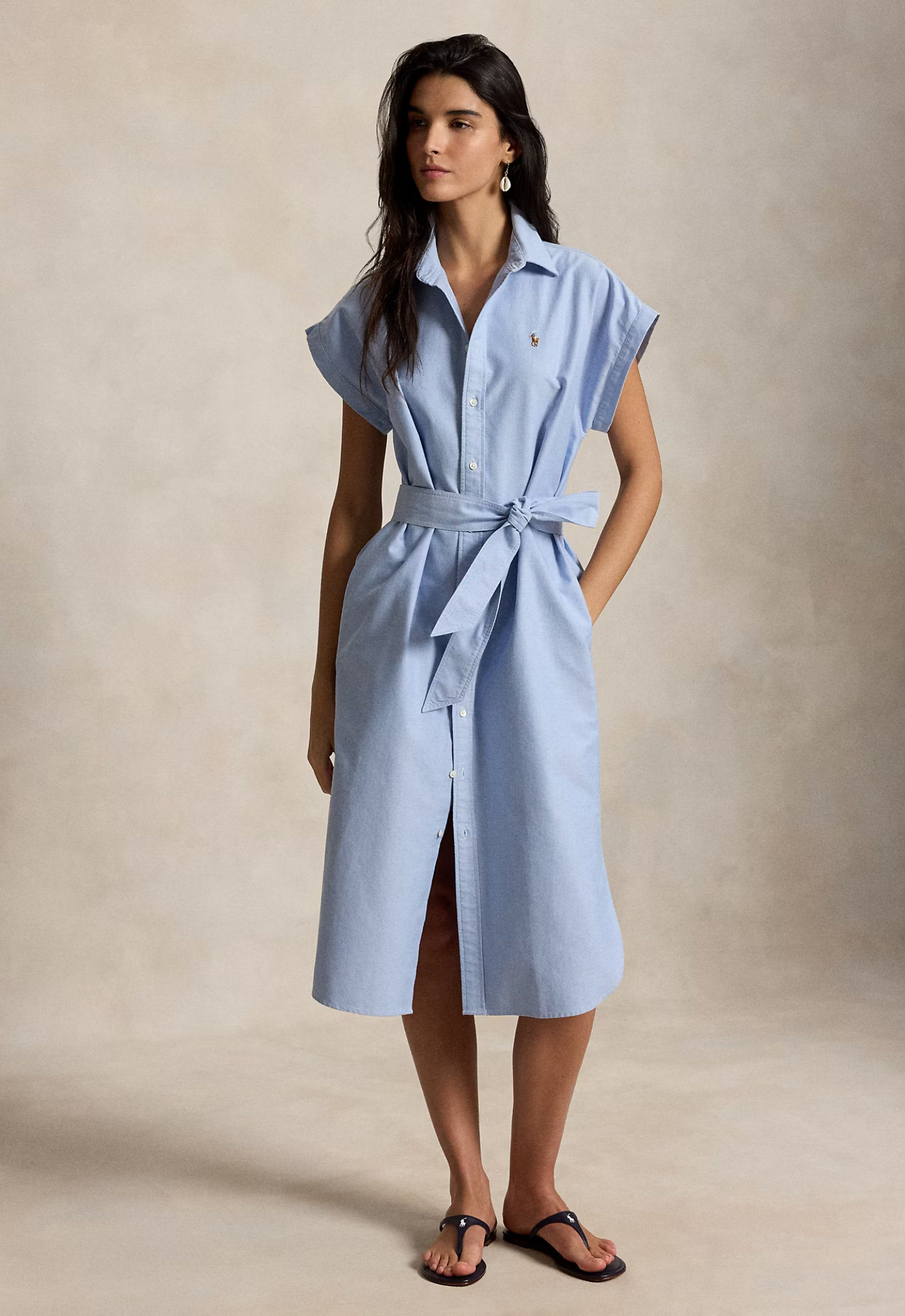 RALPH LAUREN WOMENS Belted Cotton Oxford Shirt Dress Blue โ