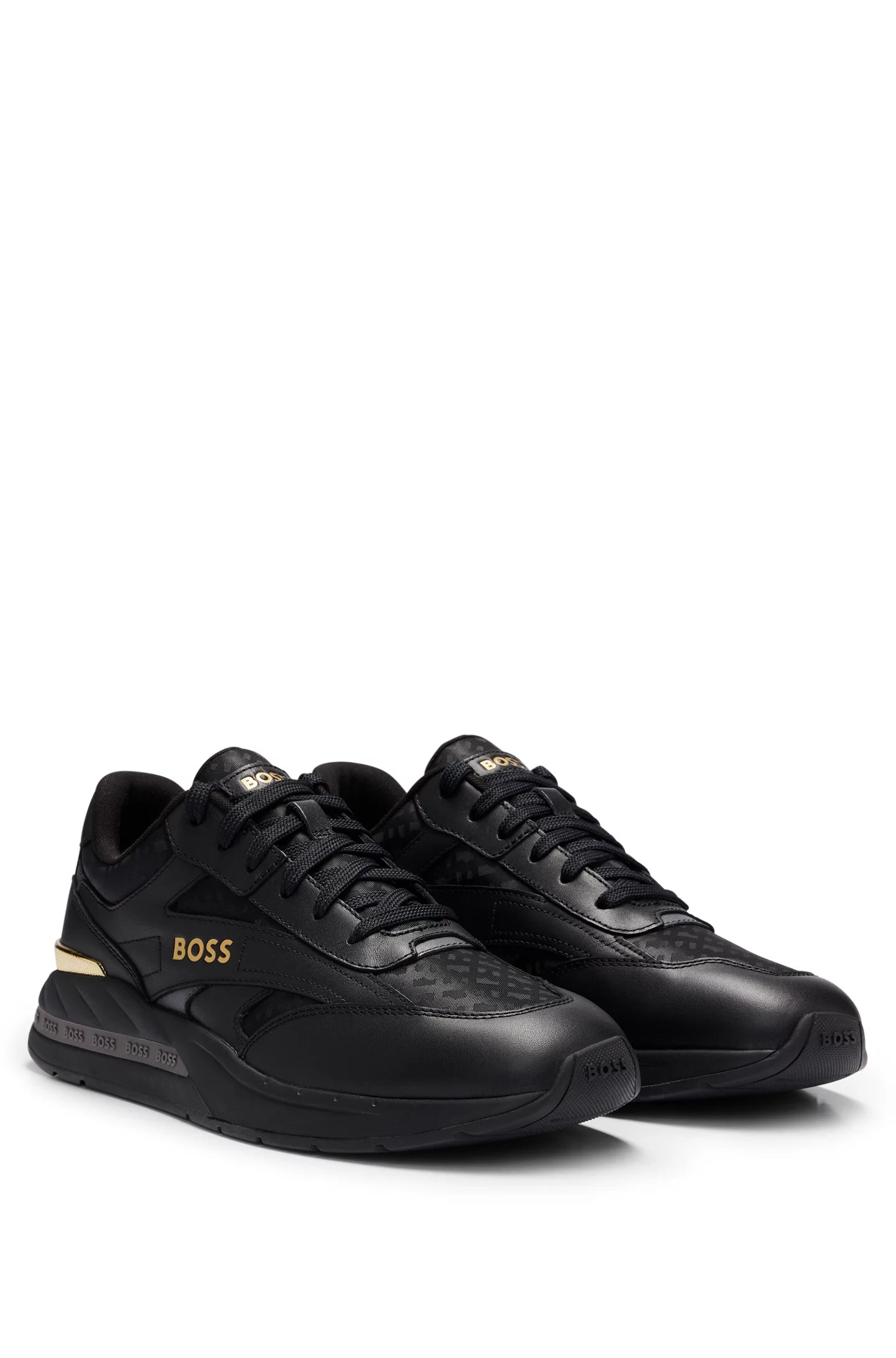 HUGO BOSS MEN Kurt Monogram Jacquard Leather Runner Trainers Black/Gold - MAISONDEFASHION.COM