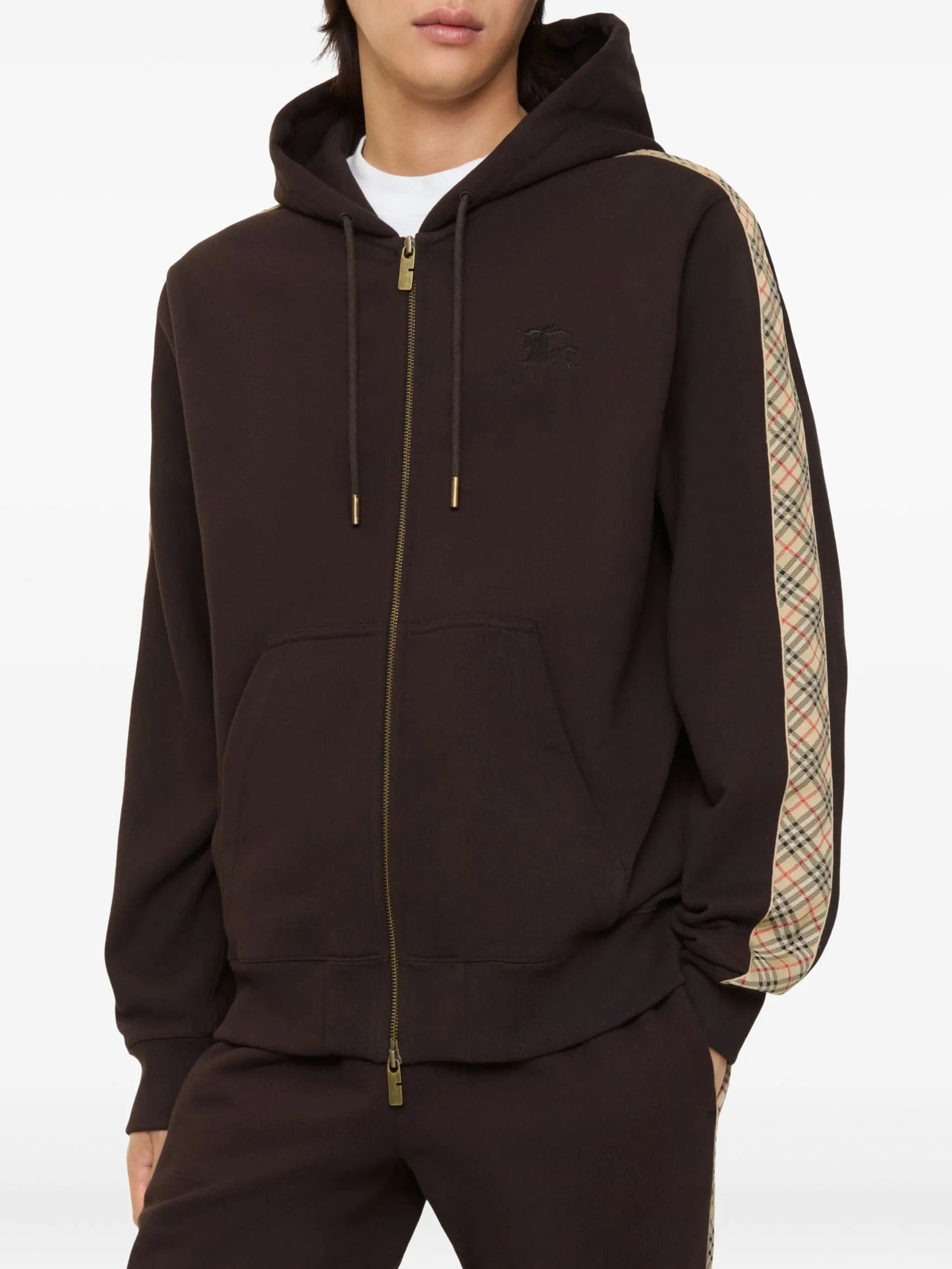 BURBERRY Check-trimmed Zip Hoodie Clove Brown - MAISONDEFASHION.COM