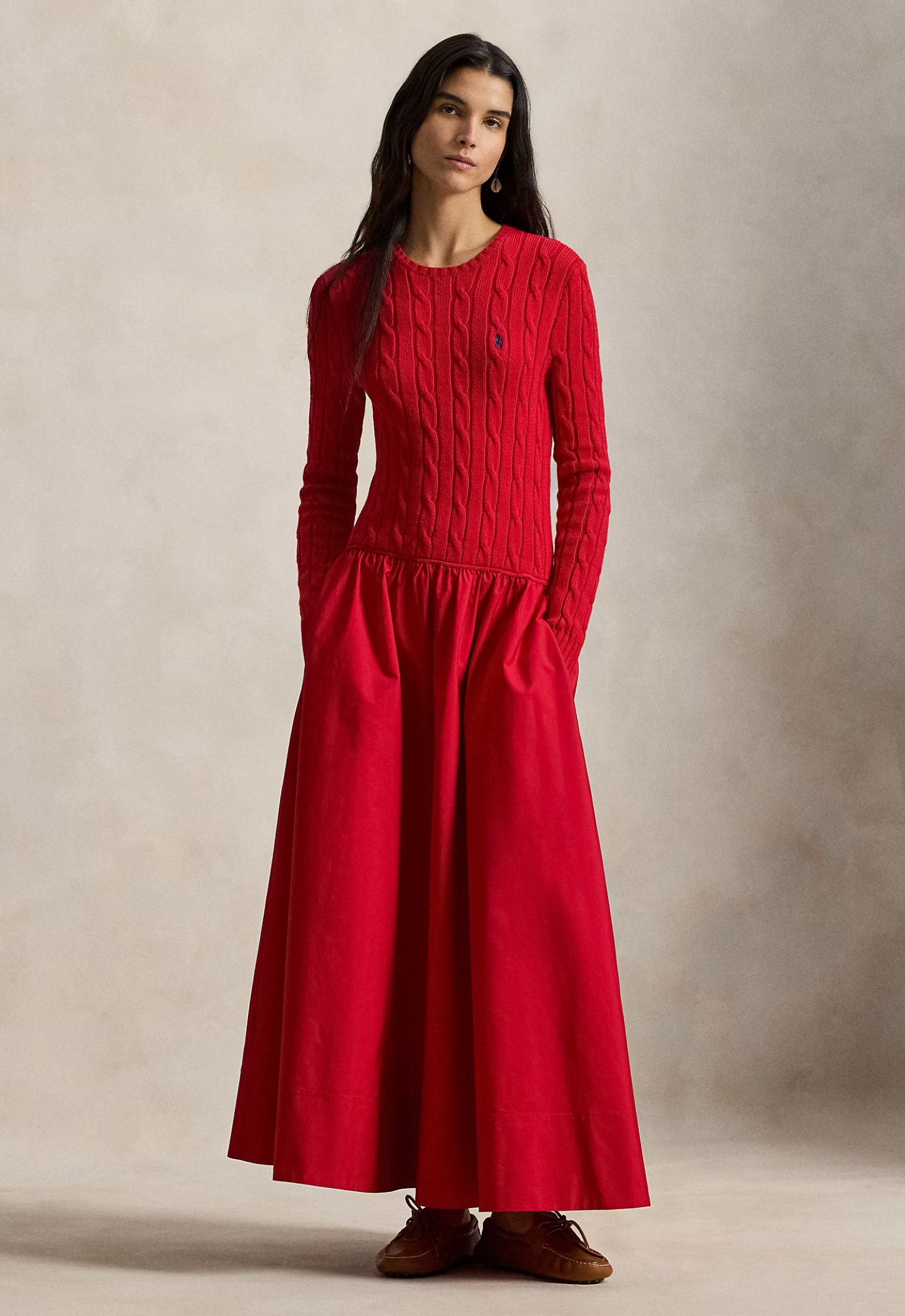 open lace back dress RALPH LAUREN WOMENS Cable-Knit Bodice Cotton Dress Red – MAISONDEFASHION.COM