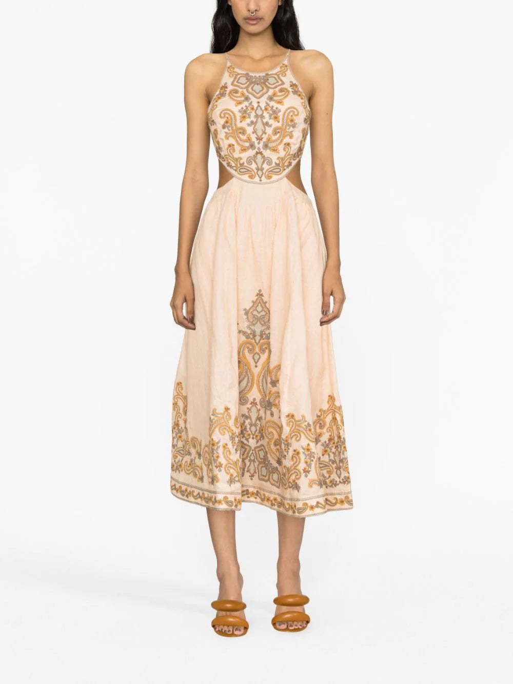 ZIMMERMANN WOMEN Devi Halter Tie Midi Dress Sage Gold MAISONDEFASHION.COM ZIMMERMANN WOMEN Devi Halter Tie Midi Dress Sage Gold MAISONDEFASHION.COM