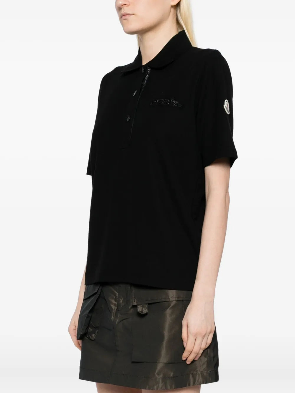 MONCLER WOMEN Logo Patch Cotton Polo Shirt Black - MAISONDEFASHION.COM