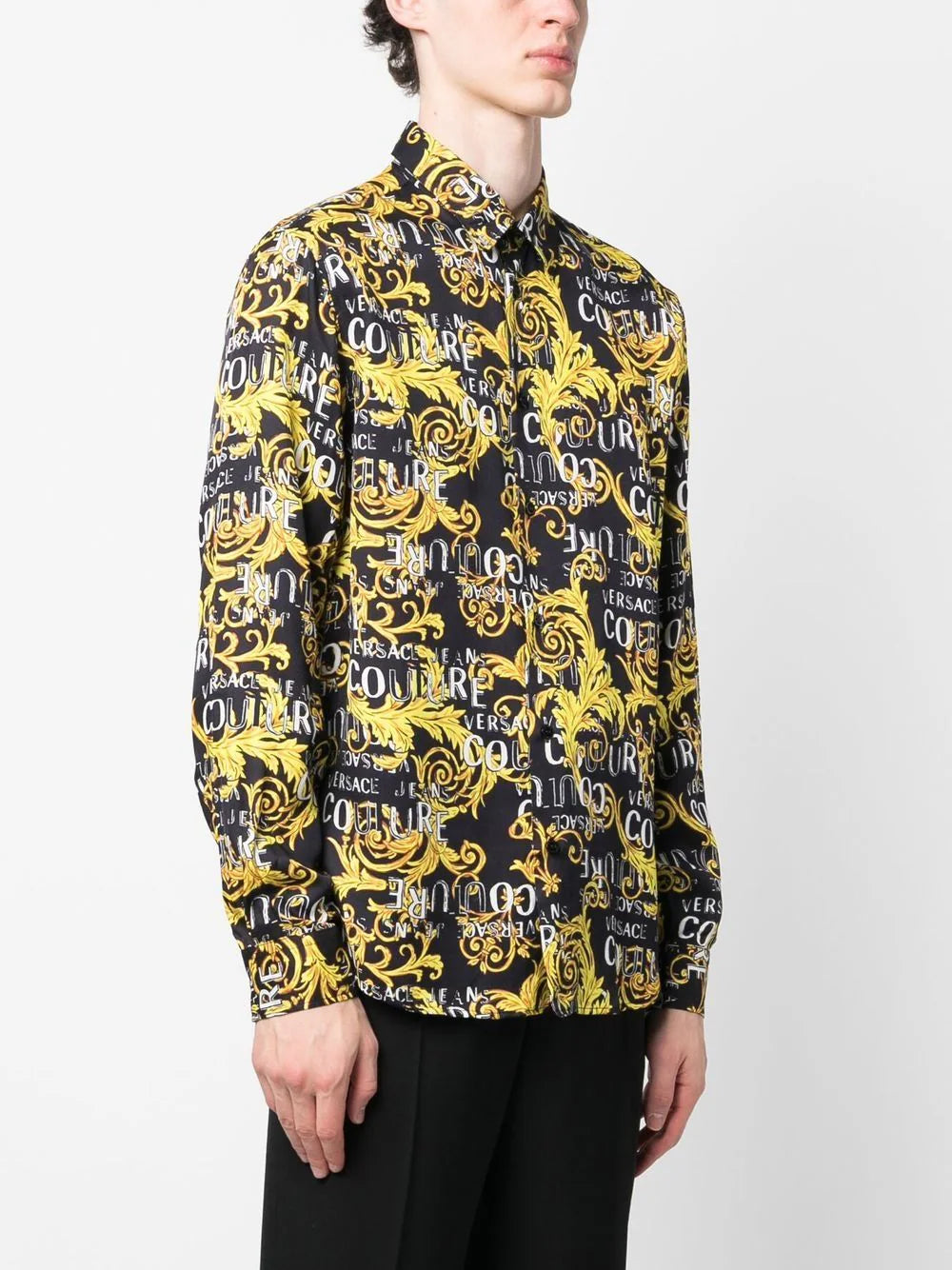 VERSACE Baroque Logo Pattern Print Cotton Long Sleeve Shirt Black/Gold   MAISONDEFASHION.COM