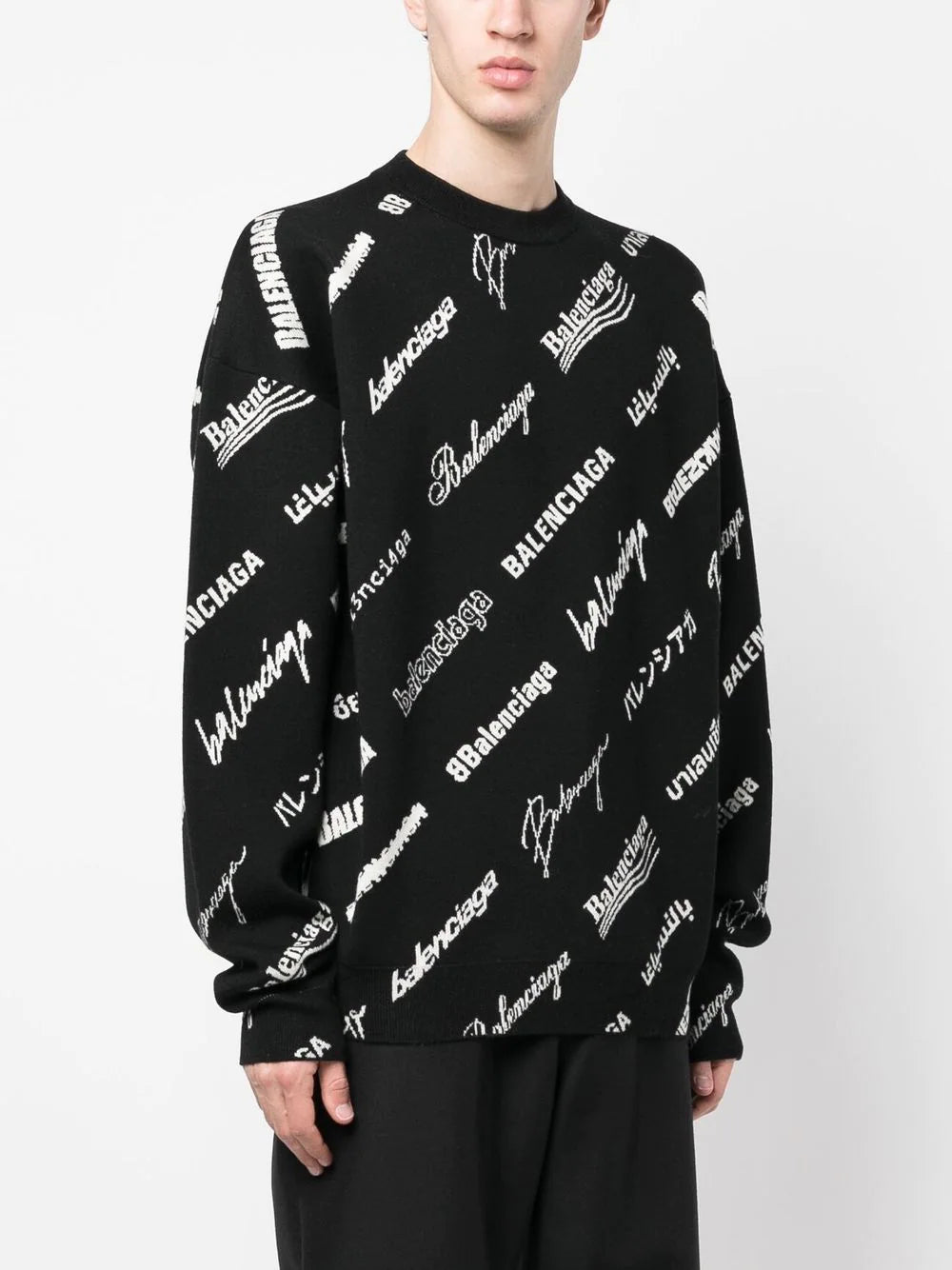 BALENCIAGA MEN Allover Logo Sweater Black/White – MAISONDEFASHION.COM BALENCIAGA MEN Allover Logo Sweater Black/White – MAISONDEFASHION.COM