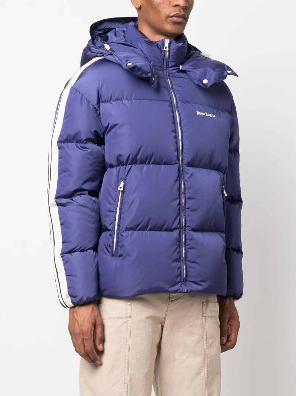 PALM ANGELS Hooded Track Down Jacket Navy Blue/White PALM ANGELS Hooded Track Down Jacket Navy Blue/White