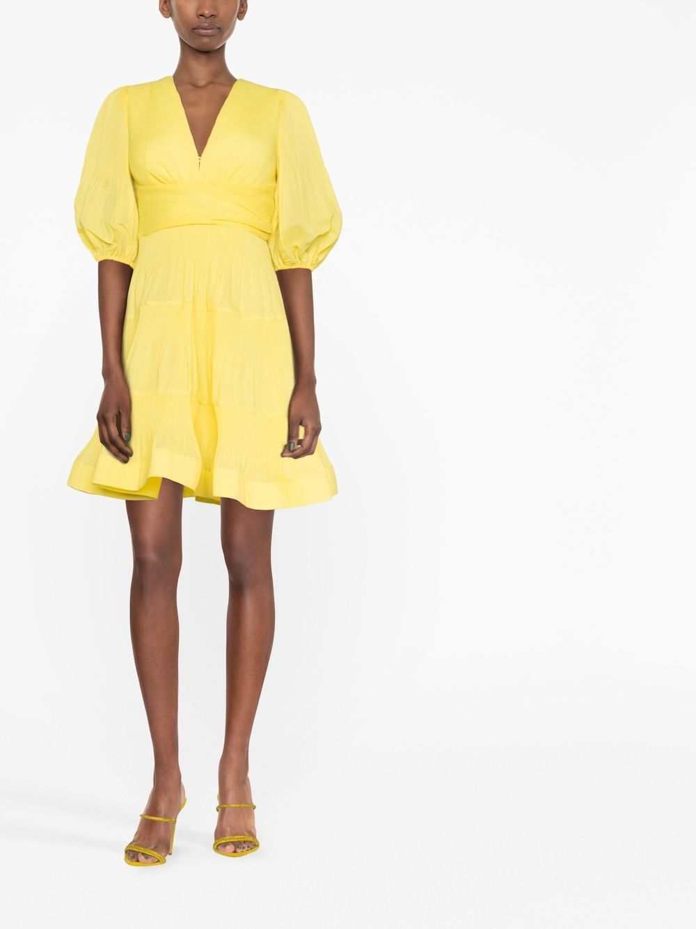 ZIMMERMANN WOMEN Puff-Sleeve V-Neck Pleated Mini Dress Yellow MAISONDEFASHION.COM ZIMMERMANN WOMEN Puff-Sleeve V-Neck Pleated Mini Dress Yellow MAISONDEFASHION.COM