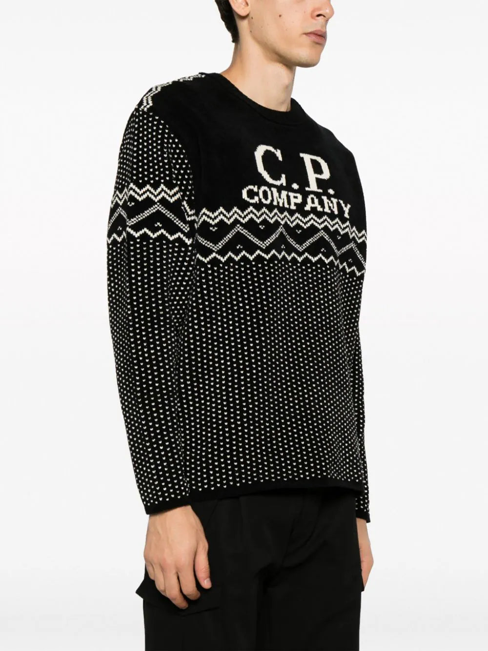 C.P. COMPANY Chenille Cotton Jacquard Knit Sweater Black/White