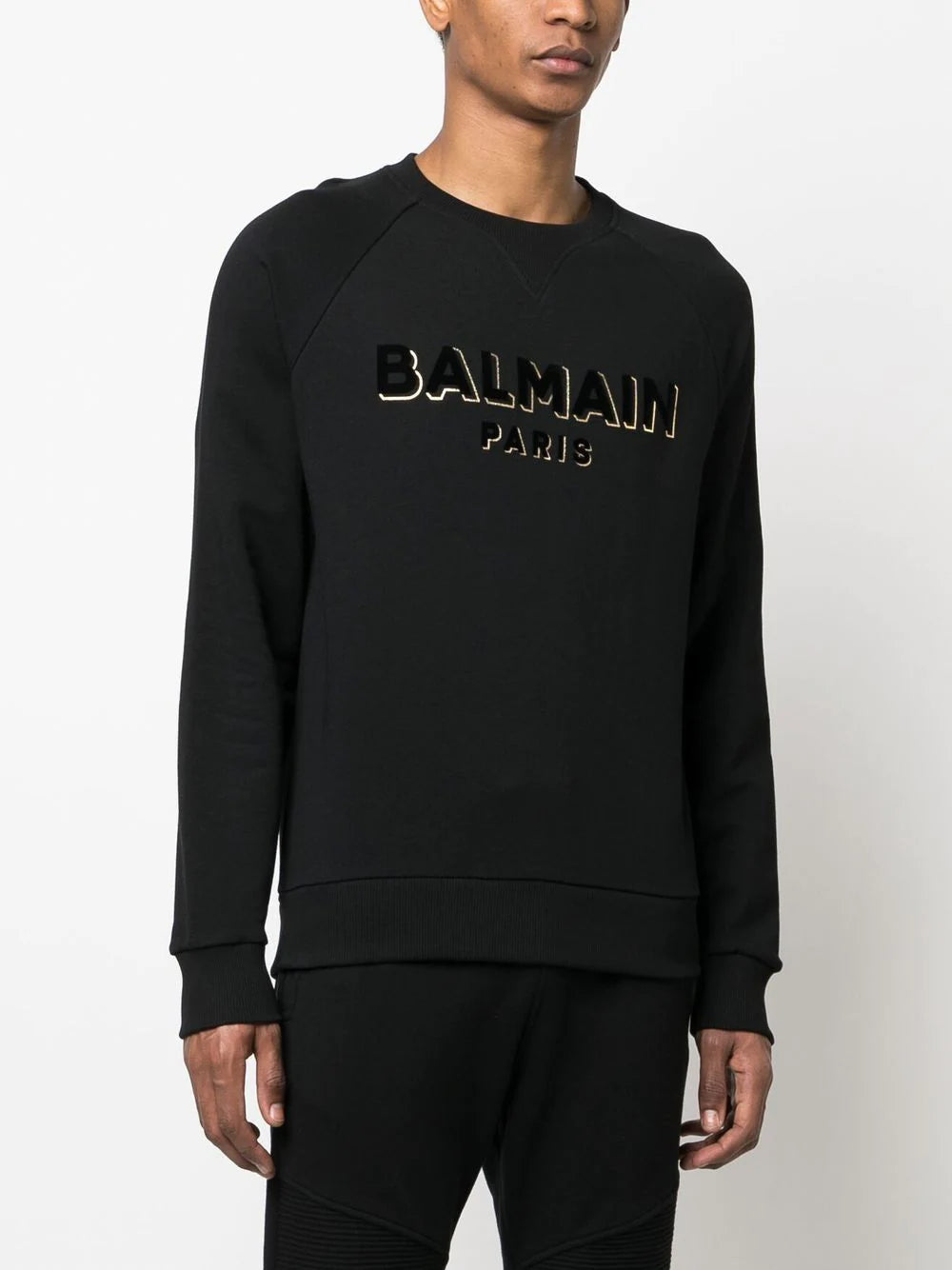 BALMAIN Classic Logo Flock & Foil Crew Neck Sweatshirt Black Gold