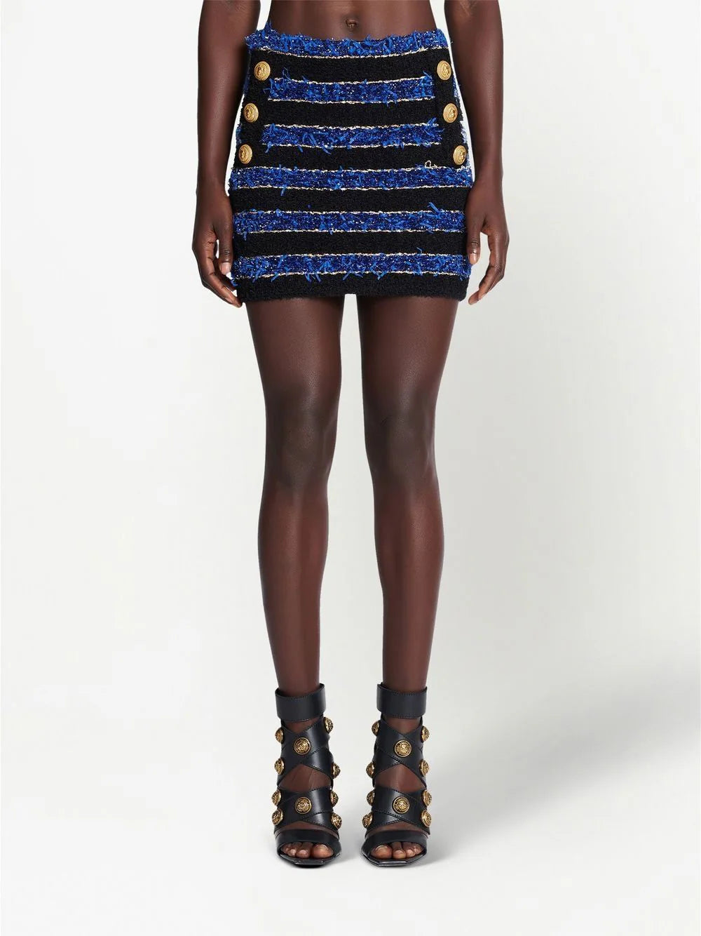 BALMAIN WOMEN Button Detail Tweed Skirt Blue Black Gold