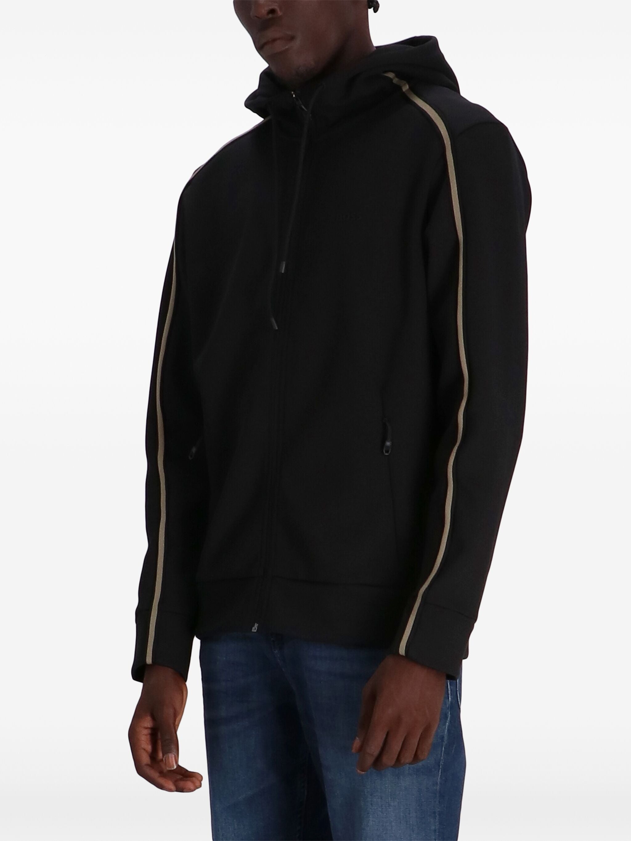 スウェット・トレーナー BOSS Logo Drawstring Tape Embellished Zip Hoodie Black BOSS Logo Drawstring Tape Embellished Zip Hoodie Black