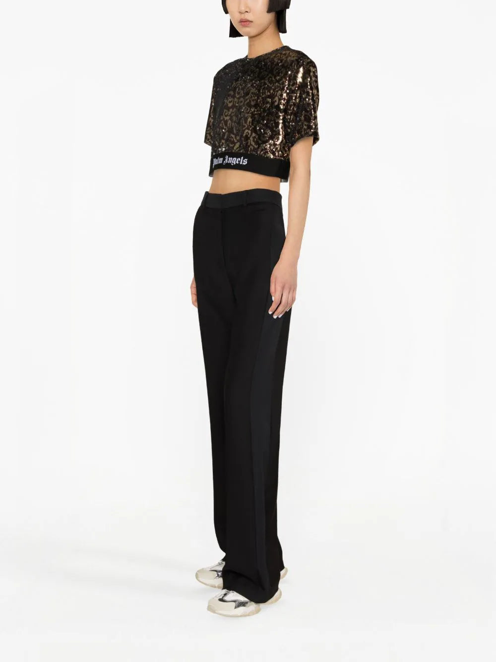 Tシャツ・カットソー PALM ANGELS WOMEN Sequins Logo Tape Tee Brown/Black PALM ANGELS WOMEN Sequins Logo Tape Tee Brown/Black
