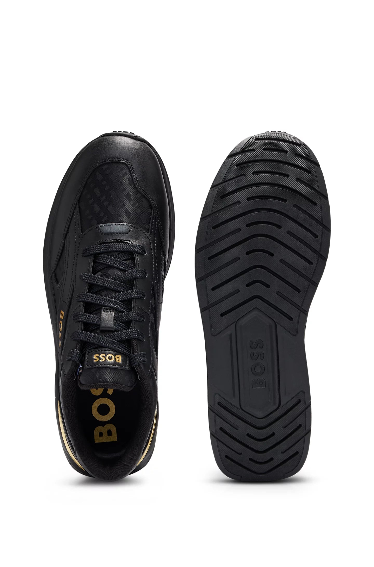 HUGO BOSS MEN Kurt Monogram Jacquard Leather Runner Trainers Black/Gold - MAISONDEFASHION.COM