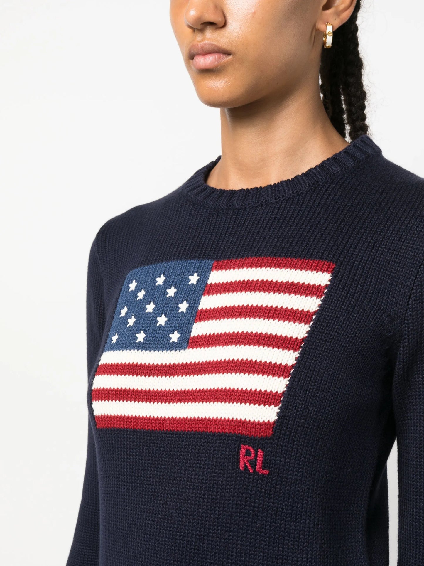 RALPH LAUREN WOMEN Flag Cotton Crewneck Jumper Navy Blue - MAISONDEFASHION.COM
