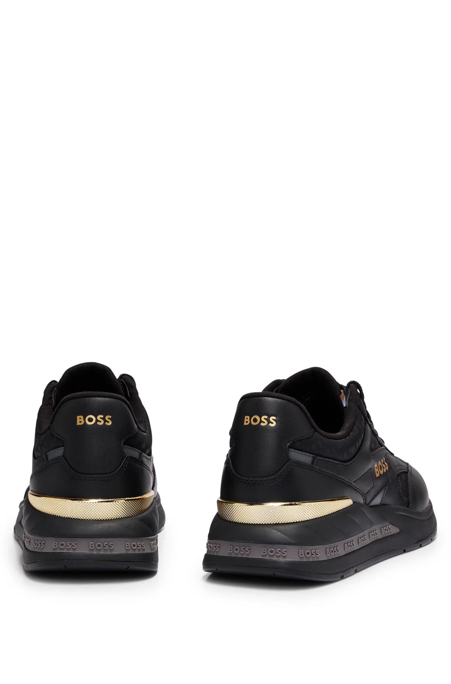 HUGO BOSS MEN Kurt Monogram Jacquard Leather Runner Trainers Black/Gold - MAISONDEFASHION.COM