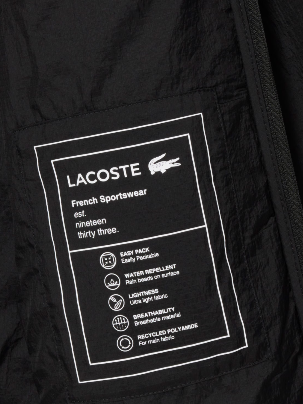 LACOSTE Water-Repellent Packable Nylon Jacket Black - MAISONDEFASHION.COM