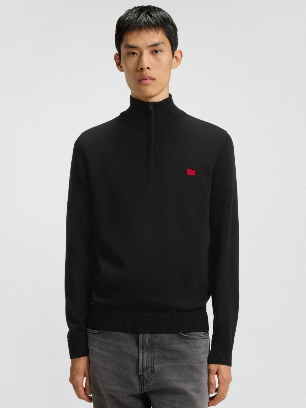 HUGO San Quintus-C Zip-Neck Sweater In Cotton With Red Logo Label
