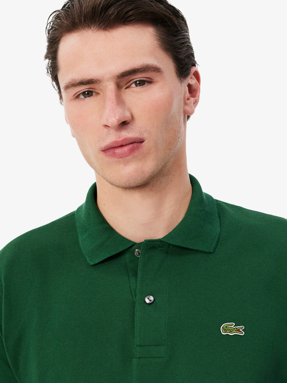 LACOSTE Classic Fit L.12.12 Original Polo Shirt in Pine Green - Close-up of Two-Button Placket and Ribbed Collar Detail