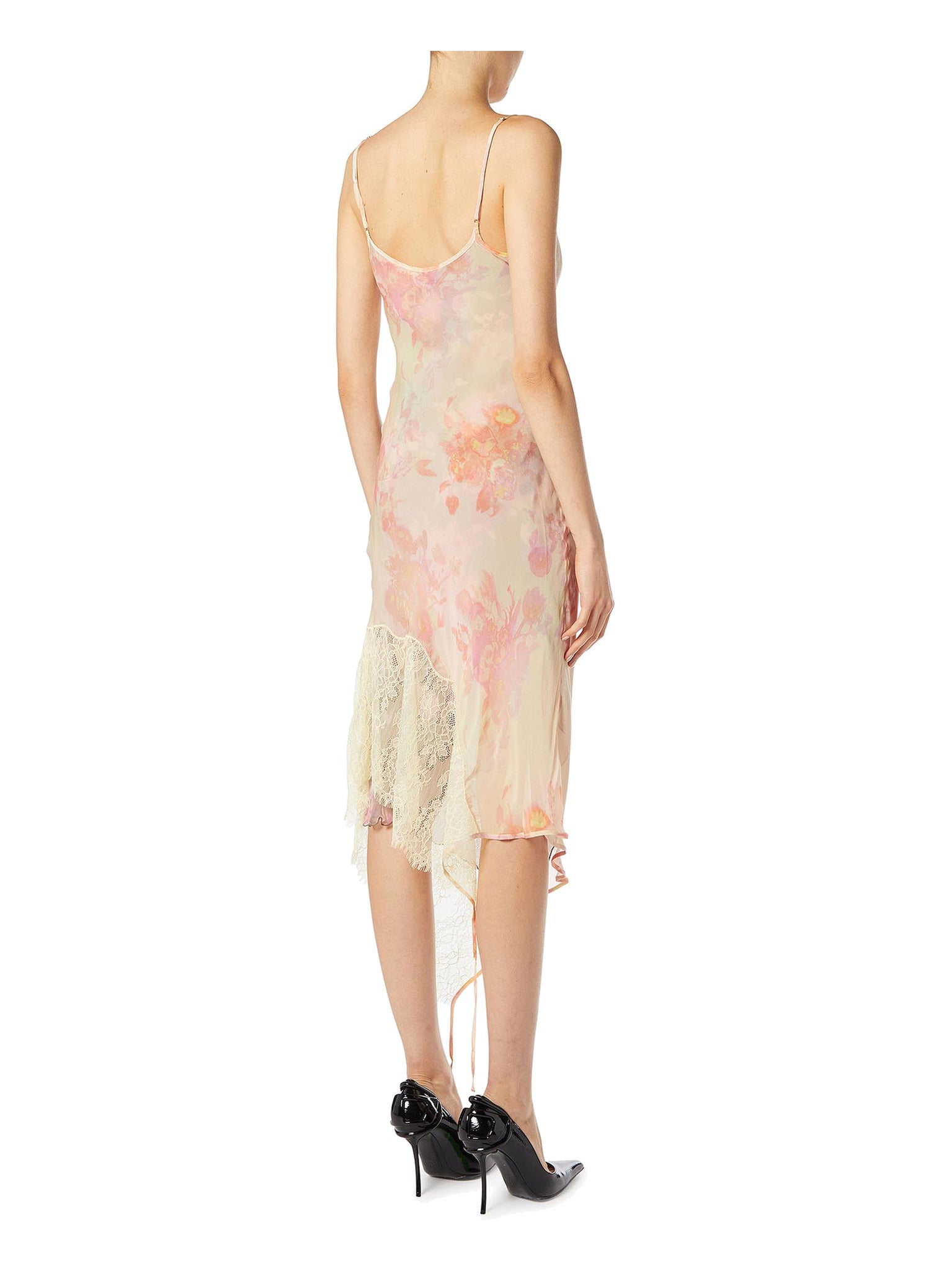 DIESEL Women Midi slip dress with floral print and lace trim Pink