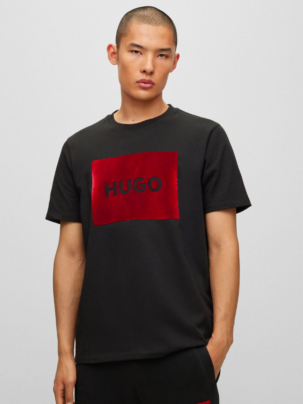 HUGO MEN Metallic Logo-print Cotton T-shirt Black