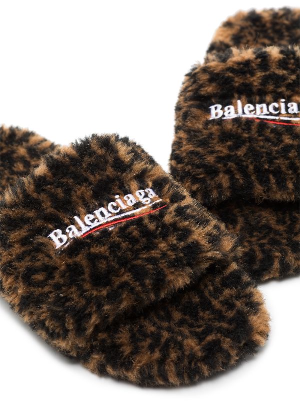 BALENCIAGA Leopard Furry Slides Brown - MAISONDEFASHION.COM