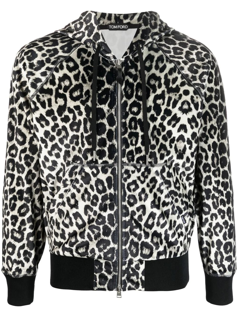 TOM FORD Leopard Print Velour Zipped Hoodie Black Beige