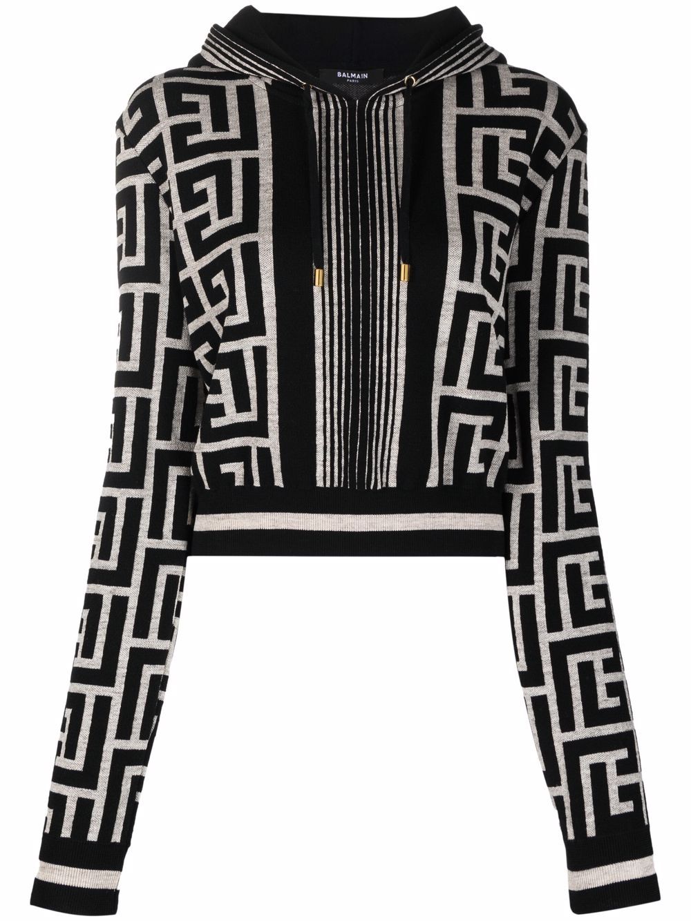 BALMAIN WOMEN Monogram Cropped Knit Hoodie –