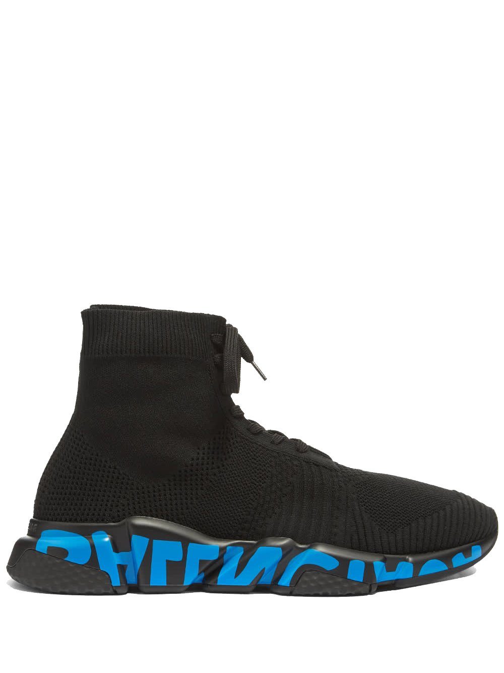 BALENCIAGA Laced Speed Runner Black/Blue Graffiti - MAISONDEFASHION.COM