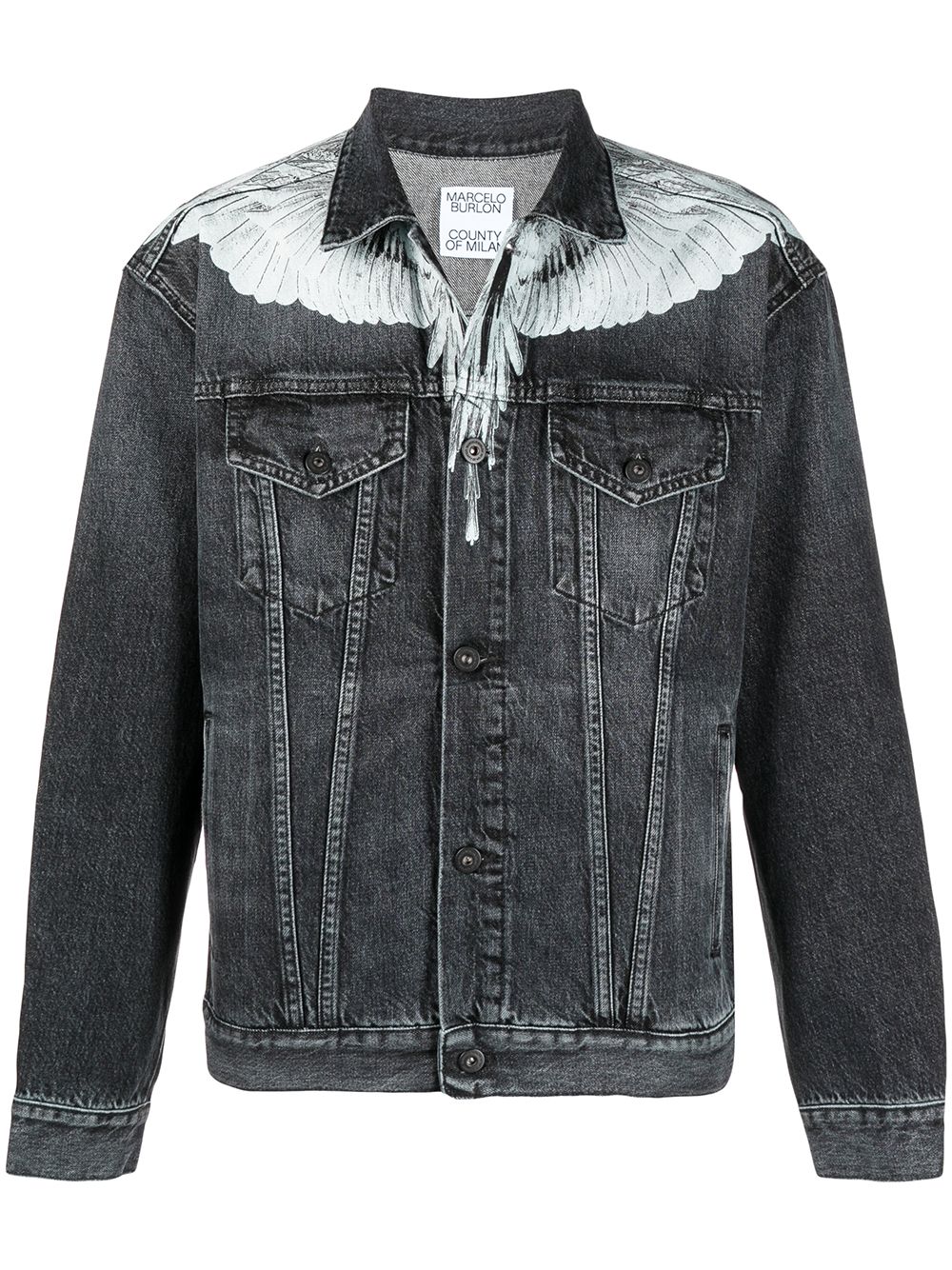 MARCELO BURLON White Wings Print Denim Jacket Black