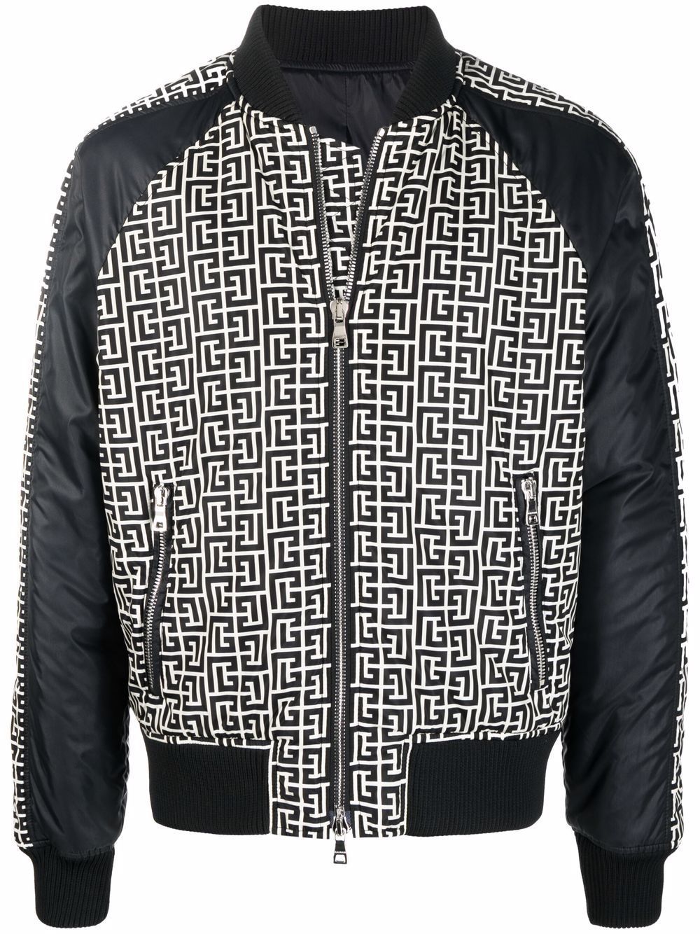 BALMAIN モノグラム ボンバージャケット シルク リバーシブル 48 バルマンBALMAIN モノグラムロゴ ジップ ボンバージャケット
