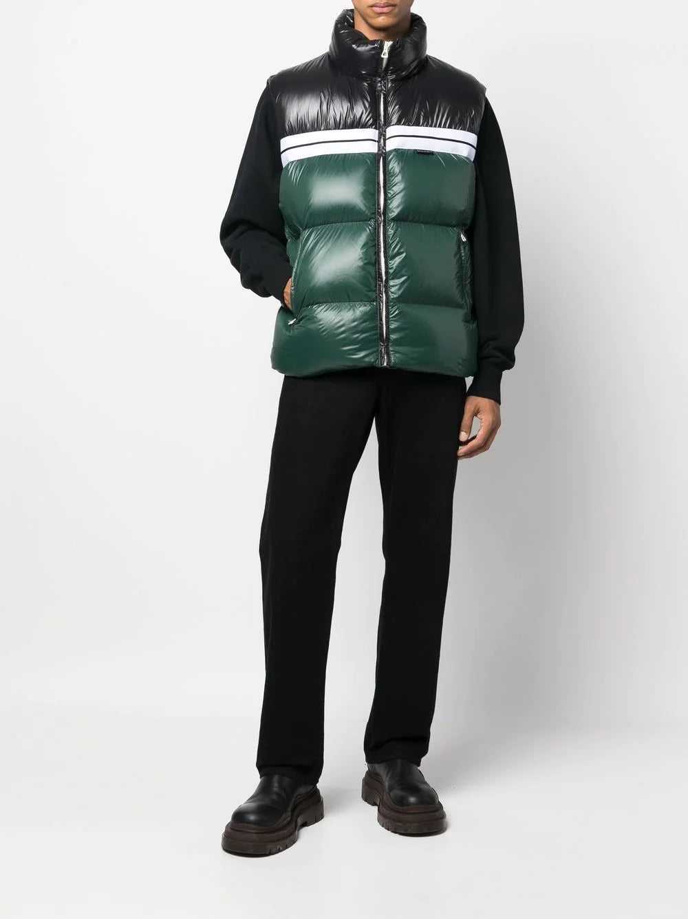PALM ANGELS Classic Track Puffed Vest Green Black - MAISONDEFASHION.COM