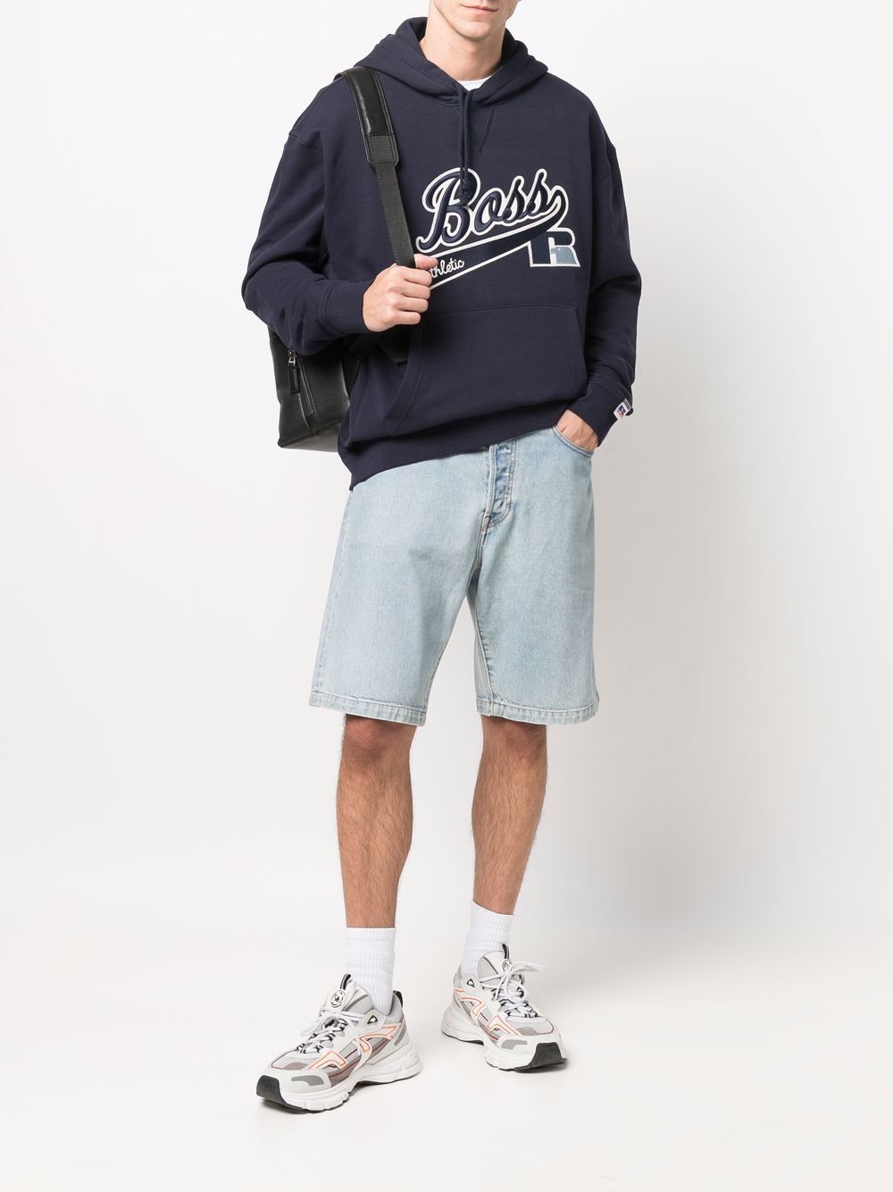 BOSS X RUSSELL ATHLETIC Embroidered-logo hoodie Navy - MAISONDEFASHION.COM