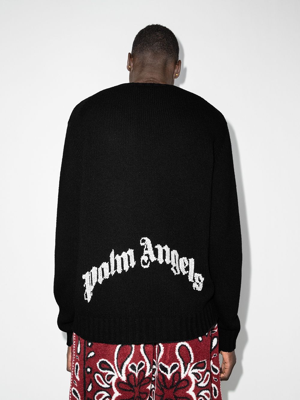 PALM ANGELS Curved Logo Knit Sweatshirt Black - MAISONDEFASHION.COM