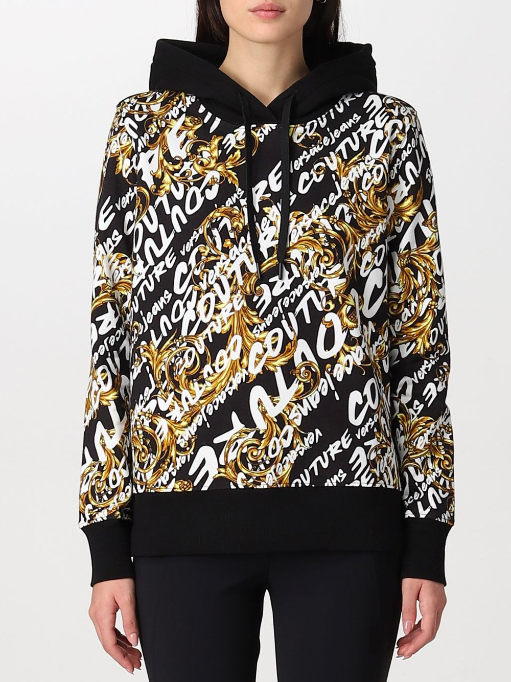VERSACE WOMEN Baroque Print All Over Logo Hoodie Black