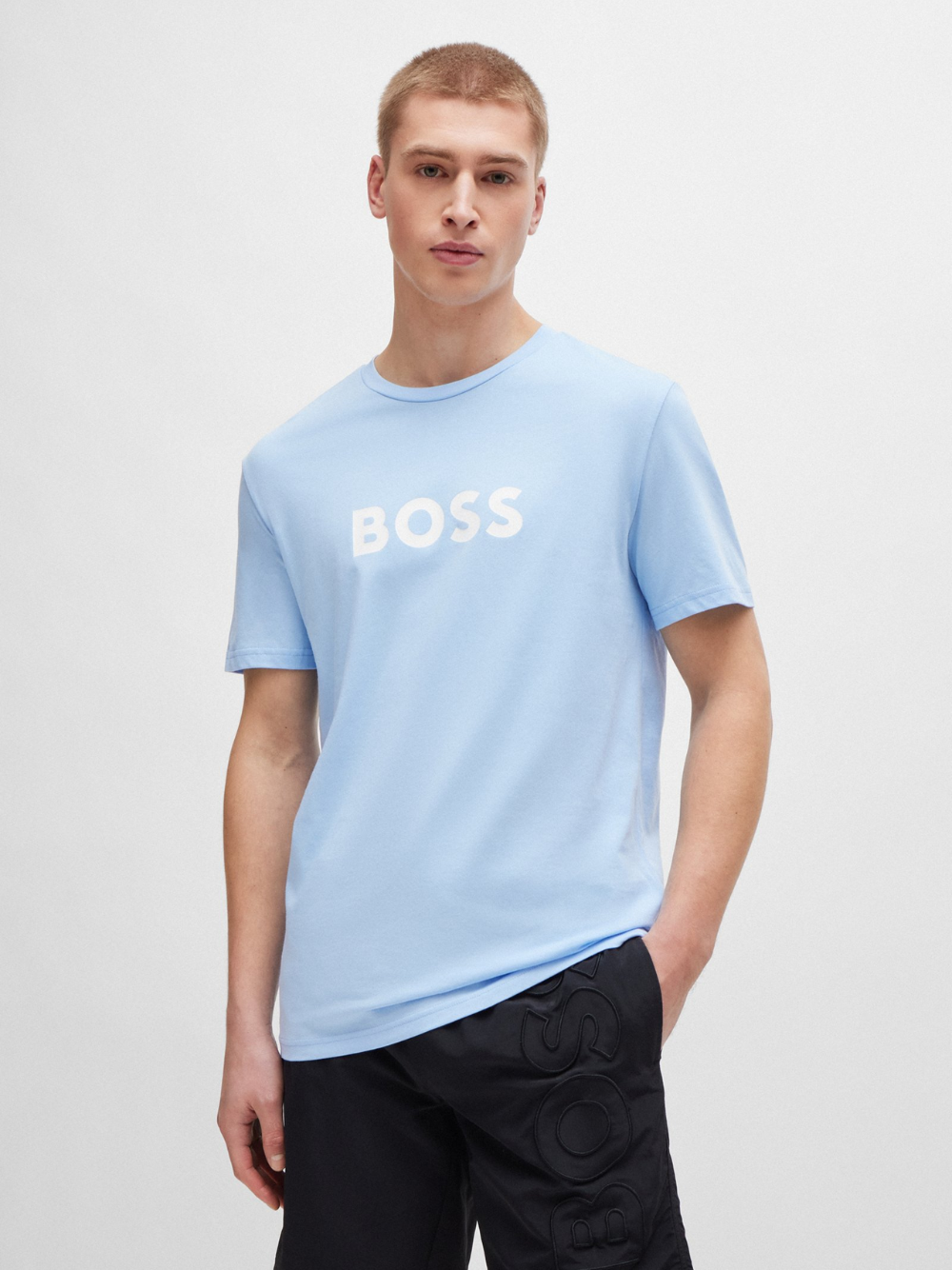 BOSS MEN Logo-print Cotton Regular-fit T-Shirt Light/Pastel Blue - MAISONDEFASHION.COM