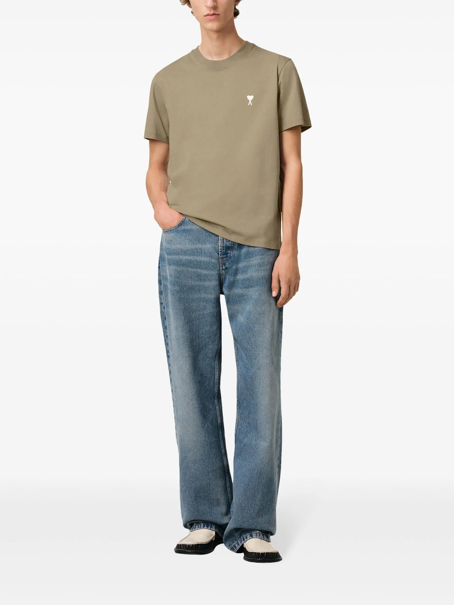 AMI ALEXANDRE MATTIUSSI Off White Heart Logo T-Shirt Olive Green - MAISONDEFASHION.COM